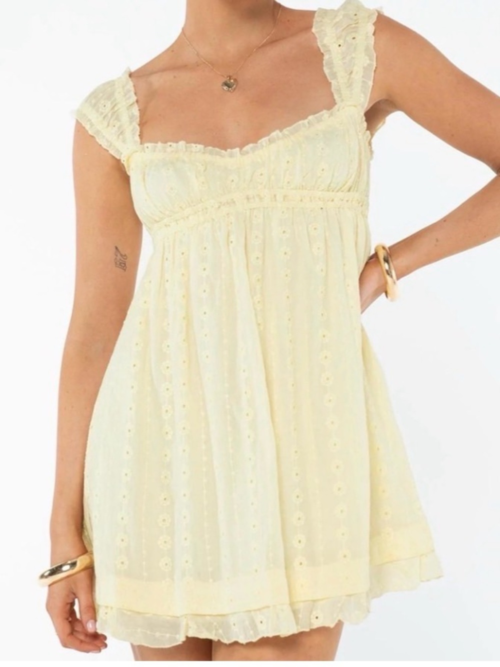 Altar'd State Pale Yellow Eyelet Ruffle Strap Mini Dress